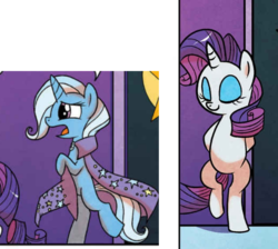 Size: 630x564 | Tagged: safe, artist:agnes garbowska, idw, official comic, rarity, trixie, pony, friends forever #37, g4, my little pony: friends forever, spoiler:comic, bipedal, bipedal leaning, comic, leaning