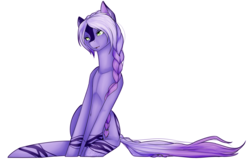 Size: 2628x1710 | Tagged: safe, artist:midfire, oc, oc only, oc:purple haze, earth pony, pony, art trade, braid, female, mare, simple background, sitting, solo, transparent background