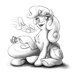 Size: 1000x1000 | Tagged: safe, artist:blue-paint-sea, sweetie belle, pony, unicorn, g4, chest fluff, female, grayscale, monochrome, music notes, open mouth, raised hoof, singing, sitting, solo, underhoof