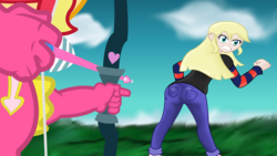 Size: 8140x4595 | Tagged: safe, artist:lifes-remedy, sunset shimmer, oc, oc:cassandra, equestria girls, g4, absurd resolution, angry, arrow, ass, bow (weapon), bow and arrow, butt, clothes, cupid, equestria girls-ified, heart arrow, pants, this will end in pain, valentine's day, weapon