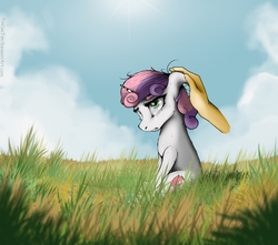 Size: 1801x1592 | Tagged: safe, artist:tincantim, sweetie belle, pony, g4, crying, disembodied hand, female, grass field, hand, lost, petting, sitting, solo