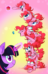 Size: 968x1500 | Tagged: safe, artist:vdru7, pinkie pie, twilight sparkle, butterfly, earth pony, pony, g4, too many pinkie pies, clone, cupcake, derp, eyes closed, faceplant, faic, female, food, glowing horn, heart eyes, horn, looking at you, magic, mare, multeity, one eye closed, open mouth, pinkie clone, redraw, smiling, sweat, telekinesis, tongue out, too much pink energy is dangerous, tower of pony, wingding eyes