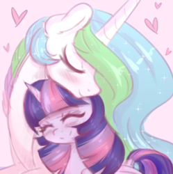 Size: 1280x1287 | Tagged: safe, artist:fluffymaiden, princess celestia, twilight sparkle, alicorn, pony, g4, eyes closed, female, heart, lesbian, momlestia, neck nuzzle, nuzzling, ship:twilestia, shipping, sketch, twilight sparkle (alicorn)