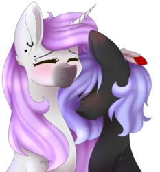 Size: 2455x2634 | Tagged: safe, artist:ohhoneybee, oc, oc only, oc:cloudy night, oc:merris flick, pegasus, pony, unicorn, blushing, eyes closed, female, high res, mare, nuzzling, simple background, transparent background