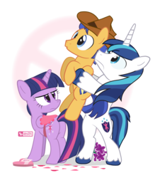 Size: 875x1000 | Tagged: safe, artist:dm29, flash sentry, shining armor, twilight sparkle, alicorn, pegasus, pony, unicorn, g4, butt, cowboy hat, denied, female, flower, hat, hearts and hooves day, holding a pony, lilac (flower), male, nope, overprotective, overprotective armor, plot, ponies riding ponies, pony wears the saddle, riding, saddle, ship:flashlight, shipping, shipping denied, straight, tack, twilight sparkle (alicorn), twilight sparkle is not amused, unamused, valentine's day