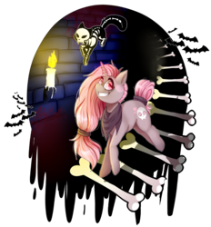 Size: 2671x2883 | Tagged: safe, artist:kattyusha, oc, oc only, oc:grim, bat, cat, bone, candle, high res, skeleton, spooky