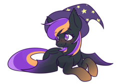 Size: 2828x1915 | Tagged: safe, artist:ruef, oc, oc only, oc:sophie, bat pony, pony, hat, prone, simple background, solo, transparent background, witch hat