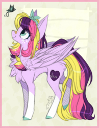 Size: 852x1098 | Tagged: safe, artist:tay-niko-yanuciq, oc, oc only, oc:lucy softheart, butterfly, pegasus, pony, bow, solo