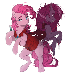 Size: 1233x1334 | Tagged: safe, artist:1an1, pinkie pie, earth pony, pony, g4, clothes, dr jekyll and mr hyde, dr pinkie and miss pie, duo, evil grin, grin, looking back, pinkamena diane pie, potion, raised hoof, rearing, simple background, smiling, white background