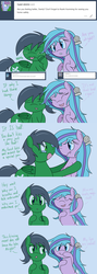 Size: 1280x3607 | Tagged: safe, artist:hummingway, oc, oc only, oc:feather hummingway, oc:swirly shells, merpony, ask-humming-way, dialogue, tumblr, tumblr comic, underwater