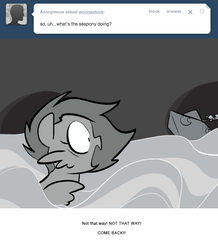 Size: 666x763 | Tagged: safe, artist:egophiliac, princess luna, oc, oc:danger mcsteele, sea pony, moonstuck, g4, cartographer's hat-boat, filly, grayscale, monochrome, tumblr, tumblr comic, water, woona, younger
