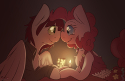 Size: 1280x832 | Tagged: safe, artist:fluffyxai, pinkie pie, oc, oc:lexis arc, pegasus, pony, g4, boop, candle, candlelight, canon x oc, chest fluff, clothes, dress, jacket, male, noseboop, shipping, stallion, straight