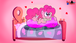 Size: 1920x1080 | Tagged: safe, artist:rupert, pinkie pie, earth pony, pony, g4, balloon, balloon fetish, balloon riding, bed, cute, diapinkes, drool, female, fetish, heart, hearts and hooves day, mouth hold, on bed, party balloon, pink background, prone, simple background, solo, that pony sure does love balloons, valentine's day, wingding eyes