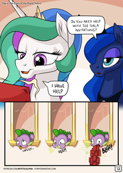 Size: 955x1351 | Tagged: safe, artist:mysticalpha, princess celestia, princess luna, spike, alicorn, dragon, pony, comic:day in the lives of the royal sisters, g4, abuse, comic, crown, cruel, dialogue, dragon mail, female, hair over one eye, jewelry, lidded eyes, mare, open mouth, peytral, regalia, shrunken pupils, smiling, speech bubble, spike abused by mail, spikeabuse, tongue out, vomit, vomiting, window