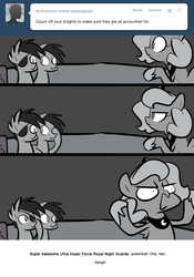 Size: 666x950 | Tagged: safe, artist:egophiliac, princess luna, oc, oc:frolicsome meadowlark, oc:sunshine smiles (egophiliac), bat pony, pony, moonstuck, g4, eyepatch, filly, grayscale, monochrome, tumblr, tumblr comic, woona, woonoggles, younger