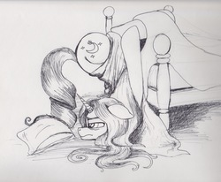 Size: 2053x1688 | Tagged: safe, artist:scribblepwn3, oc, oc only, oc:midnight scribbler, pony, unicorn, awkward moment, bed, horn, horn ring, monday, monochrome, pen drawing, solo, tangled up, traditional art