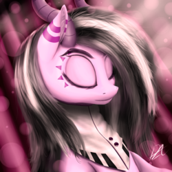 Size: 3000x3000 | Tagged: safe, artist:smowu, oc, oc only, oc:musica ink, pony, succubus, bust, eyes closed, high res, messy mane, monochromacat, pink, portrait, simple background, sleeping, solo