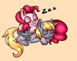 Size: 1627x1285 | Tagged: safe, artist:lamentedmusings, derpy hooves, pinkie pie, earth pony, pegasus, pony, g4, derpypie, eyes closed, female, lesbian, mare, pony pillow, prone, shipping, simple background, sleeping, zzz