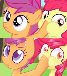 Size: 500x562 | Tagged: safe, artist:stormswirl1, screencap, apple bloom, scootaloo, g4, somepony to watch over me, hoof in mouth, no time for a song, scene interpretation, screencap reference