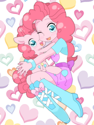 Size: 1536x2048 | Tagged: safe, artist:kepona, pinkie pie, human, equestria girls, g4, blushing, boots, bracelet, clothes, cute, diapinkes, heart, high heel boots, human ponidox, jewelry, looking at you, moe, one eye closed, pixiv, self ponidox, skirt, square crossover