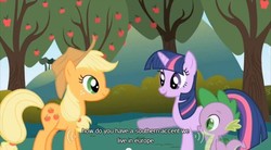 Size: 640x354 | Tagged: safe, edit, screencap, applejack, spike, twilight sparkle, dragon, earth pony, pony, unicorn, g4, apple tree, europe, female, male, mare, meme, raised hoof, text, tree, trio, youtube caption