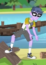 Size: 237x332 | Tagged: safe, screencap, micro chips, equestria girls, g4, my little pony equestria girls: legend of everfree, background human, clothes, converse, glasses, male, pier, shoes, shorts, sneakers, socks, solo