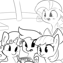 Size: 1280x1280 | Tagged: safe, artist:tjpones, apple bloom, rarity, scootaloo, sweetie belle, earth pony, pegasus, pony, unicorn, g4, black and white, blushing, book, cutie mark crusaders, floppy ears, grayscale, missing horn, monochrome, open mouth, simple background, this will end in tears and/or death and/or covered in tree sap, tongue out, varying degrees of want, white background