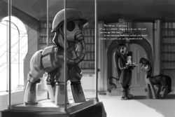 Size: 2500x1671 | Tagged: safe, artist:dimfann, twilight sparkle, alicorn, avian, griffon, pony, g4, 2014, armor, clothes, dialogue, dimfann's war universe, duo, feather, female, gas mask, grayscale, helmet, horn, library, mannequin, mask, monochrome, text, twilight sparkle (alicorn), uniform, wings