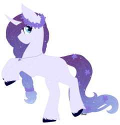 Size: 1024x1065 | Tagged: safe, artist:cloud-drawings, oc, oc only, pony, unicorn, curved horn, female, galaxy mane, horn, looking back, mare, raised hoof, rearing, simple background, smiling, solo, transparent background, unshorn fetlocks