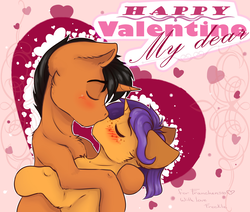 Size: 1023x866 | Tagged: dead source, safe, artist:freckleplant, oc, oc only, pony, unicorn, blushing, duo, female, heart, kissing, male, oc x oc, shipping, straight, valentine's day