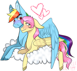 Size: 1921x1779 | Tagged: safe, artist:hostile-elf, fluttershy, rainbow dash, pegasus, pony, g4, butterscotch, cloud, duo, gay, heart, male, rainbow blitz, rule 63, ship:butterblitz, ship:flutterdash, shipping, simple background, transparent background