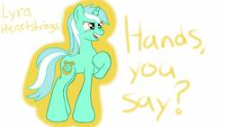 Size: 1280x720 | Tagged: safe, artist:hypergurl4010, lyra heartstrings, pony, unicorn, g4, female, hand, raised hoof, simple background, solo, that pony sure does love hands, white background