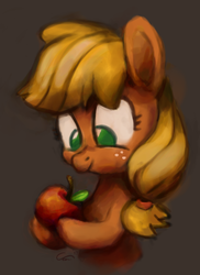 Size: 1586x2175 | Tagged: safe, artist:aemuhn, applejack, earth pony, pony, g4, apple, female, food, hatless, missing accessory, simple background, solo