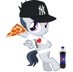 Size: 699x696 | Tagged: safe, artist:jawsandgumballfan24, rumble, pegasus, pony, g4, bipedal, clothes, food, hat, i love new york, male, meat, new york yankees, pepperoni, pepperoni pizza, pepsi, pizza, shirt, simple background, soda, solo, t-shirt, transparent background, yankees