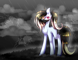 Size: 3600x2800 | Tagged: safe, artist:huirou, oc, oc only, earth pony, pony, chest fluff, cloud, female, heterochromia, high res, lightning, mare, solo