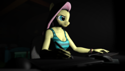 Size: 1920x1080 | Tagged: safe, artist:facelesssoles, fluttershy, anthro, g4, 3d, breasts, cleavage, clothes, computer mouse, drawing, female, keyboard, shirt, solo, tablet, tank top