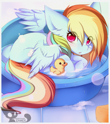 Size: 2660x2991 | Tagged: safe, artist:teranen, rainbow dash, pegasus, pony, g4, bath, colored pupils, cute, dashabetes, eye clipping through hair, female, high res, looking at you, mare, rubber duck, solo