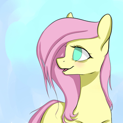 Size: 2000x2000 | Tagged: safe, artist:dayana, fluttershy, pony, g4, big eyes, blue background, female, high res, no catchlights, no pupils, simple background, smiling, solo, tired
