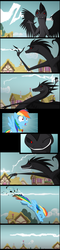 Size: 945x3924 | Tagged: safe, artist:culu-bluebeaver, rainbow dash, oc, oc:plague, pegasus, pony, comic:the six-winged serpent, g4, claws, comic, element of loyalty, female, flying, lightning, mare, oc villain, one eye closed, ponyville, red and black oc, smiling, wink