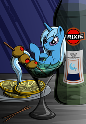 Size: 1746x2504 | Tagged: safe, artist:diggerstrike, trixie, pony, g4, bottle, cocktail glass, cup, cup of pony, displeased, female, food, glass, lemon, micro, olive, solo, toothpick