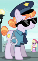 Size: 472x740 | Tagged: safe, screencap, copper top, luckette, silver berry, pony, g4, the gift of the maud pie, clothes, cuffs, hat, police officer, police pony, sunglasses
