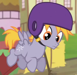 Size: 375x365 | Tagged: safe, screencap, crackle pop, pegasus, pony, g4, the cart before the ponies, flying, foal, helmet, looking down, male, solo