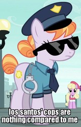 Size: 472x740 | Tagged: safe, edit, edited screencap, screencap, copper top, luckette, silver berry, g4, the gift of the maud pie, clothes, cuffs, grand theft auto, gta v, hat, image macro, meme, police pony, sunglasses