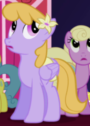 Size: 432x600 | Tagged: safe, screencap, drizzle, lemon hearts, spring forward, earth pony, pegasus, pony, unicorn, friendship is magic, g4, animation error, background pony, clothes, female, flower, flower in hair, mare, offscreen character, pegasus royal guard, romana, royal guard, saddle, skirt, tack