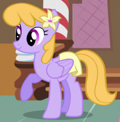 Size: 450x460 | Tagged: safe, screencap, drizzle, pegasus, pony, a bird in the hoof, g4, background pony, cropped, female, flower, flower in hair, mare, raised hoof, solo