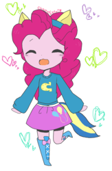 Size: 816x1248 | Tagged: safe, artist:chametzkiwi, pinkie pie, equestria girls, g4, boots, chibi, clothes, compression shorts, cute, diapinkes, eyes closed, female, high heel boots, moe, pony ears, skirt, solo, sweater, wondercolts, wondercolts uniform