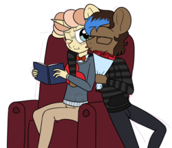 Size: 989x849 | Tagged: safe, artist:dativyrose, oc, oc only, oc:oliver stronghoof, oc:playthrough, anthro, blushing, book, bowtie, box of chocolates, chair, clothes, flower, gay, glasses, hoodie, kissing, male, oc x oc, shipping