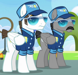 Size: 570x550 | Tagged: safe, screencap, fast clip, manerick, whiplash, pony, g4, wonderbolts academy, background pony, clothes, cropped, duo, facial hair, hat, male, moustache, short tail, stallion, sunglasses, uniform