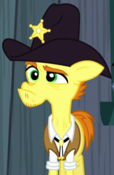 Size: 367x562 | Tagged: safe, screencap, fetter keys, pony, appleoosa's most wanted, g4, clothes, cowboy hat, hat, senior deputy, solo, vest