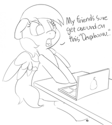 Size: 1280x1429 | Tagged: safe, artist:pabbley, derpy hooves, pegasus, pony, g4, computer, dialogue, female, laptop computer, meta, monochrome, sitting, solo, table